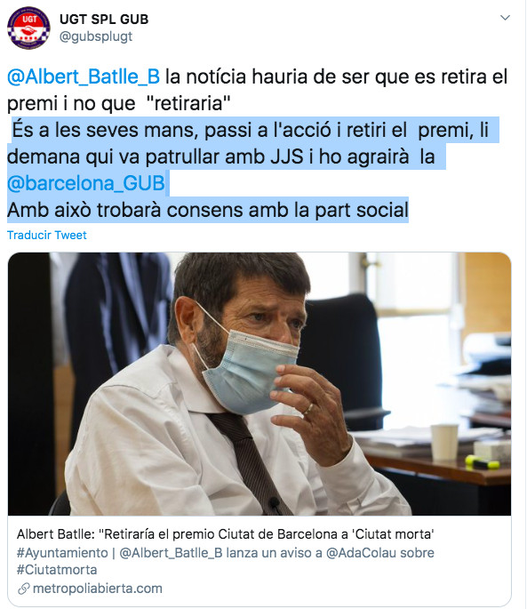 Tuit de la UGT sobre 'Ciutat morta' y Albert Batlle / TWITTER UGT