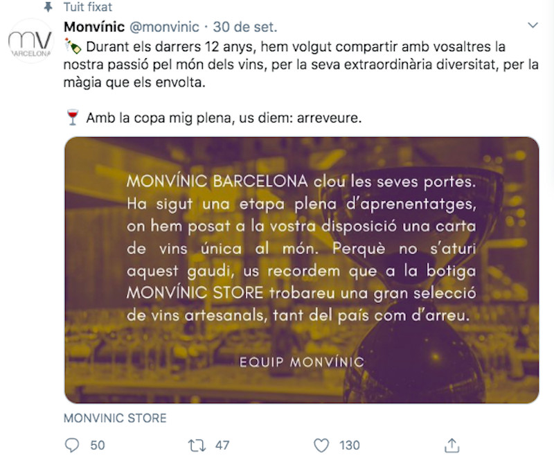 Tuit de despedida del restaurante Monvínic / TWITTER