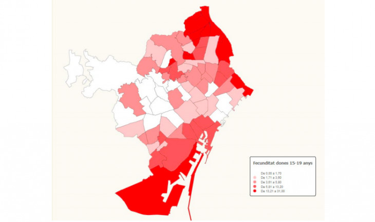 Distribución de la tasa de fecundidad en mujeres adolescentes en los barrios de Barcelona / REGISTRO DE NACIMIENTOS - AGÈNCIA DE SALUT PÚBLICA