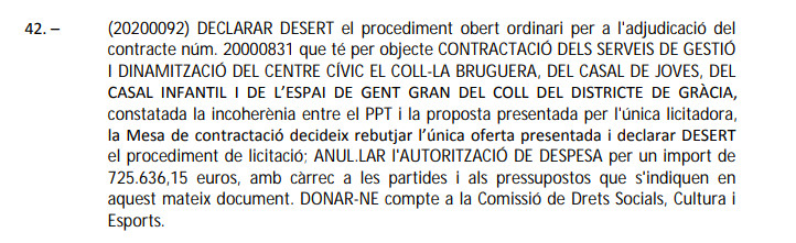 Datos del contrato desierto del barrio del Coll / AYUNTAMIENTO DE BARCELONA 