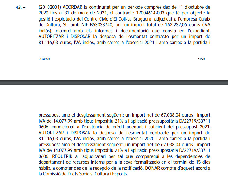 Datos sobre el contrato de Calaix de Cultura en el barrio del Coll / AYUNTAMIENTO DE BARCELONA