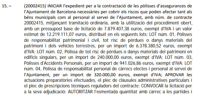 Datos de la licitación de los seguros / AYUNTAMIENTO DE BARCELONA