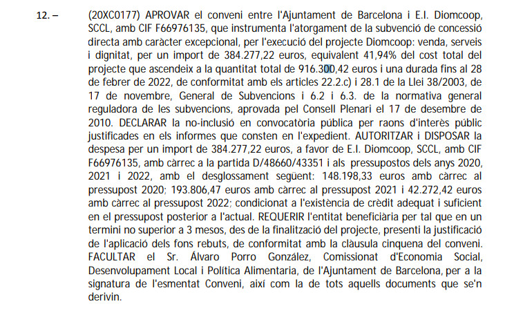 Subvención directa a Diomcoop, cooperativa de exmanteros / AYUNTAMIENTO DE BCN