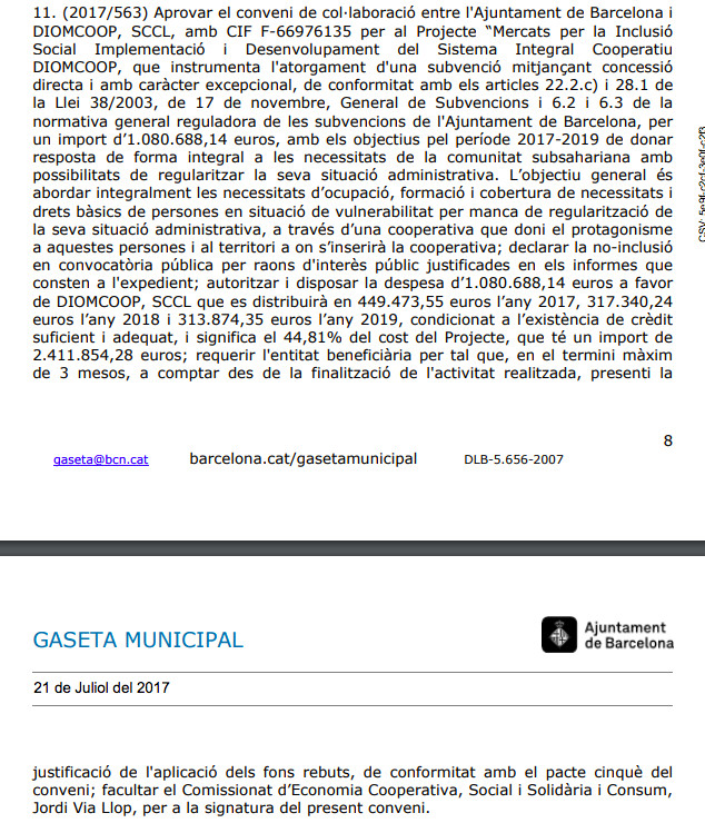 Convenio de la subvención directa a Diomcoop en 2017 / AYUNTAMIENTO DE BARCELONA