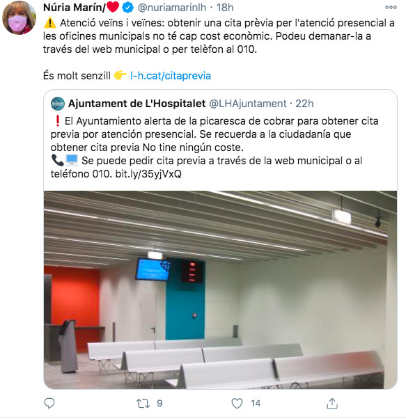 Aviso desde las cuentas del Ayuntamiento y de Núria Marin sobre la cita previa / TWITTER