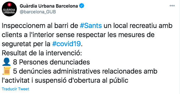 Tuit de la Guardia Urbana sobre el bingo de Sants / TWITTER