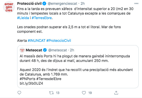 Tuit de Protección Civil sobre el riesgo de lluvias / TWITTER