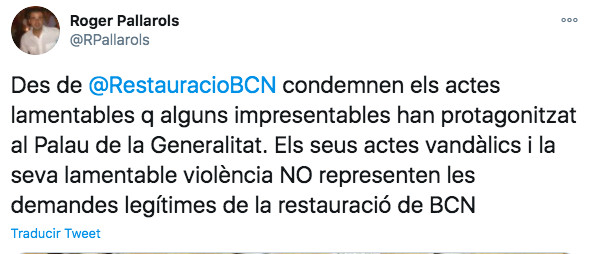 Tuit de Roger Pallarols contra el ataque a la Generalitat / TWITTER ROGER PALLAROLS