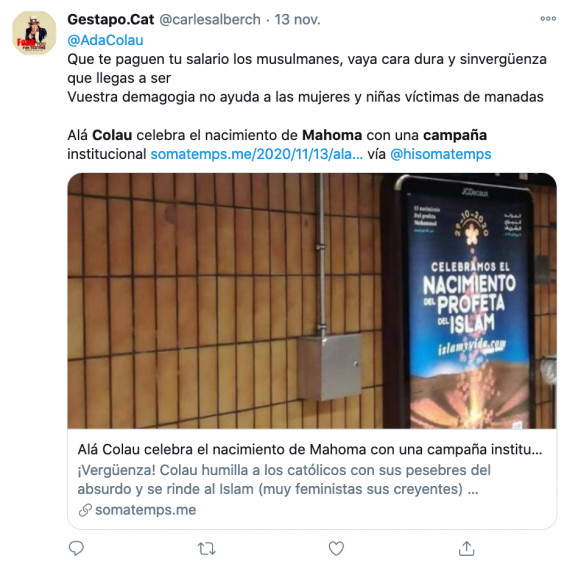 Tuit contra la alcaldesa Ada Colau por la campaña en el metro a favor del islam