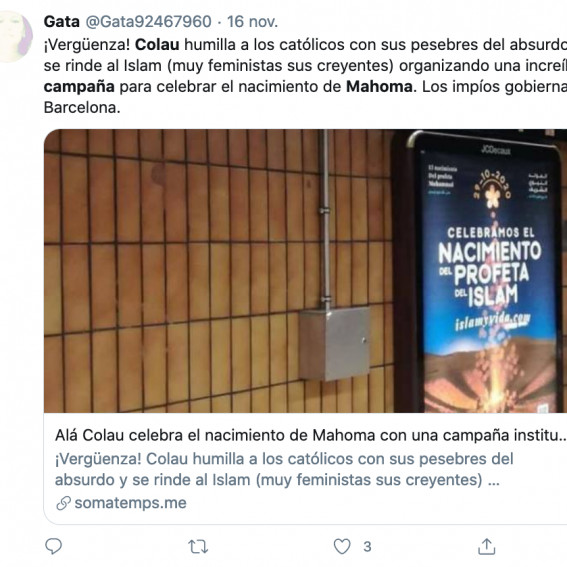 Tuit contra Colau por una campaña a favor del islam en el metro de Barcelona