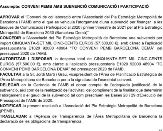 El convenio de la subvención de comunicación del plan estratégico metropolitano