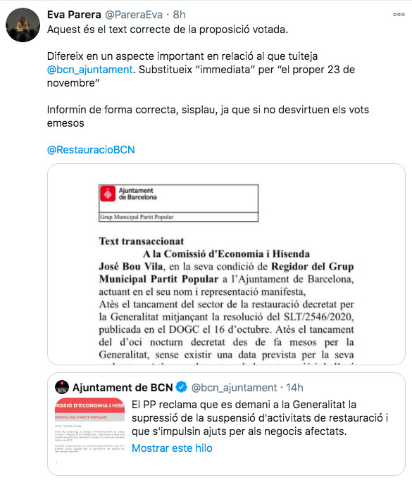 Tuit de Eva Parera sobre el texto confundido por el Ayuntamiento / TWITTER EVA PARERA