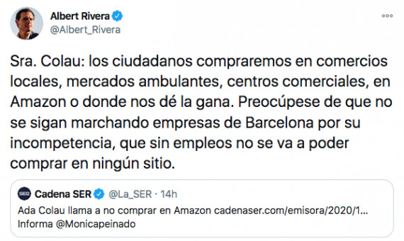 Albert Rivera se pronuncia sobre el boicot de Ada Colau a Amazon / TWITTER