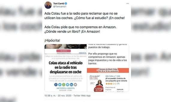 Toni Cantó responde al boicot de Ada Colau a Amazon / TWITTER