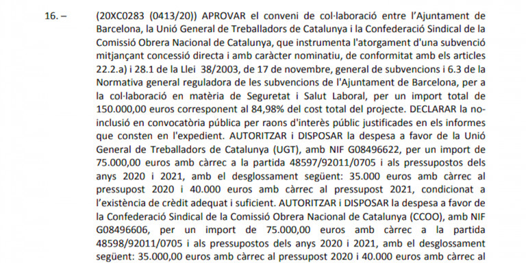 La subvención directa a UGT y CCOO la aprobó la Comisión de Gobierno el jueves 19 / AJ. DE BCN