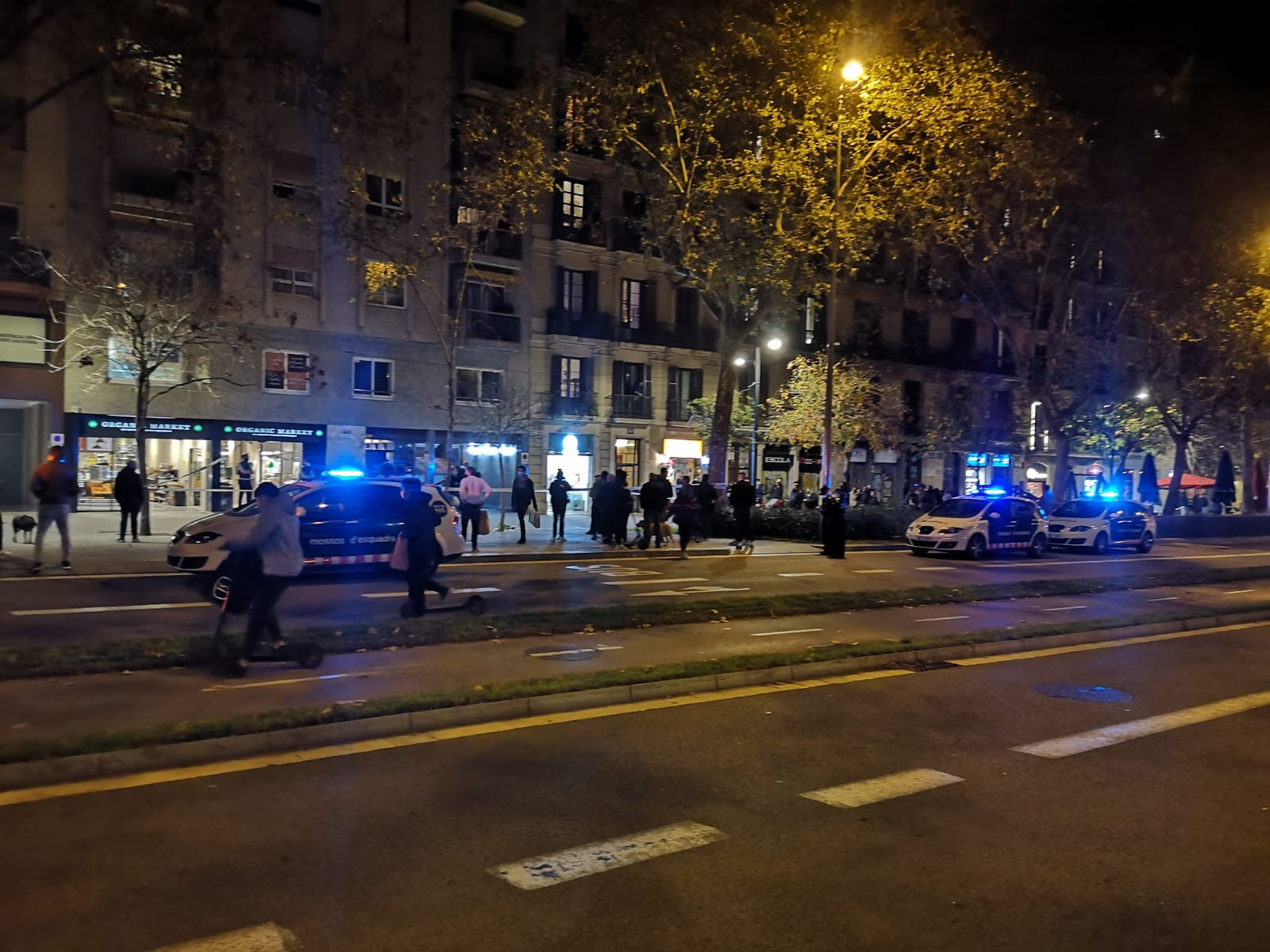 Coches policiales de Mossos en el paseo Sant Joan, una hora después de que la Guardia Urbana disparara al sintecho  / GUILLEM ANDRÉS