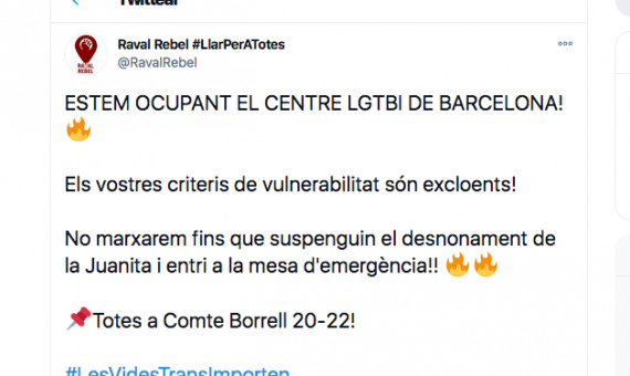 Captura de pantalla del tuit de 'Raval Rebelde' / TWITTER