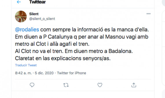 Críticas a Rodalies por la falta de alternativas de transporte tras los cortes entre El Clot y Badalona / REDES SOCIALES