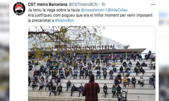 Tuit de CGT anunciando la huelga y citando a Rosa Alarcón y Ada Colau / TWITTER