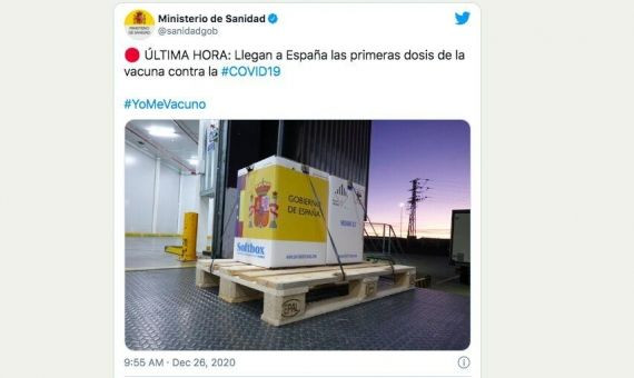 Tweet del Ministerio de Sanidad anunciando la llegada de la vacuna/ TWITTER