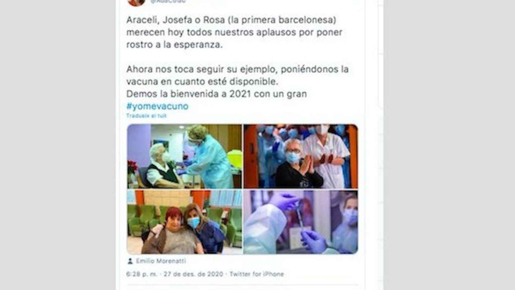 Tweet de Ada Colau celebrando el inicio de la campaña de vacunación del covid-19/ TWITTER-ADA COLAU