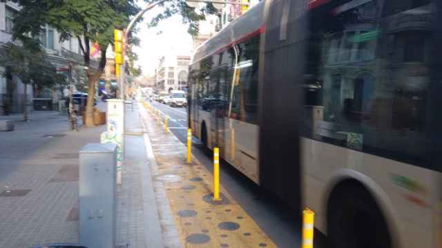 Un bus de TMB pasa junto al carril peatonal en calzada de Via Laietana