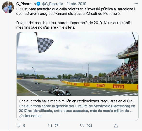 Tuit de Gerardo Pisarello sobre las subvenciones al Circuit / TWITTER PISARELLO