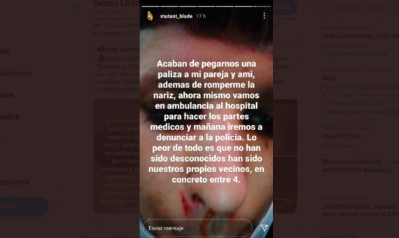 Captura de pantalla de la denuncia de la agresión a la chica transexual / TWITTER