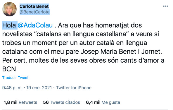 Tuit de la hija de Benet i Jornet / TWITTER