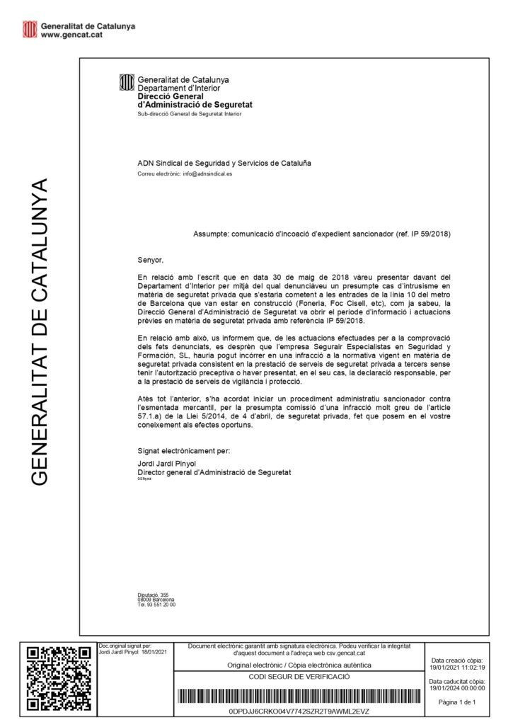 Carta del procedimiento sancionador abierto por Interior