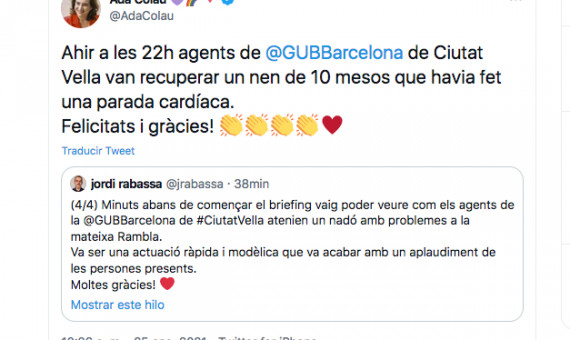 Ada Colau agradece en Twitter la actuación de la Guardia Urbana / REDES SOCIALES