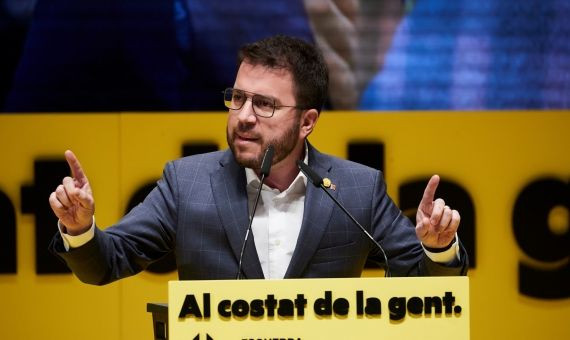 El candidato de ERC Peré Aragonés durante el acto de inicio de campaña que han celebrado esta tarde en Mataró/ EFE-Alejandro García