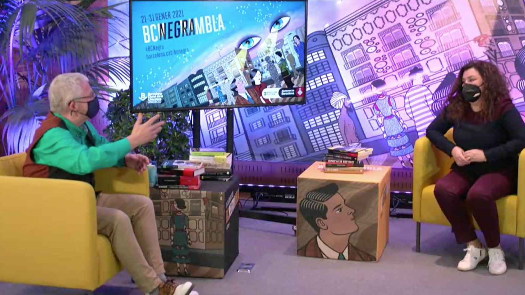 Imagen de la última mesa redona de BCNegra 2021 con Màrius Serra y Sheila Queralt /@bcnliteratura