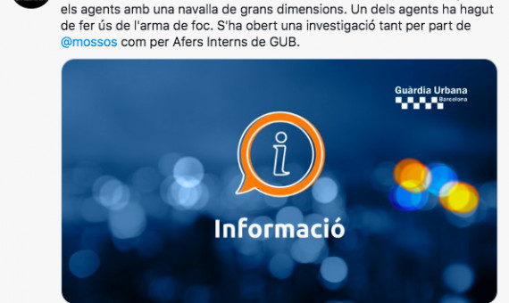 Tuit de la Guardia Urbana sobre el disparo al sintecho / TWITTER GUARDIA URBANA