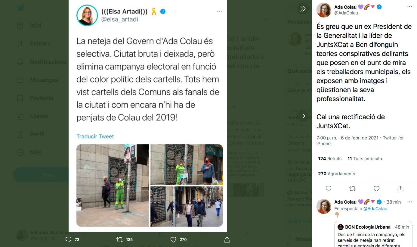 Tweet de Ada Colau criticando la actitud de miembros de JxCat ante la polémica/ ADA COLAU-TWITTER
