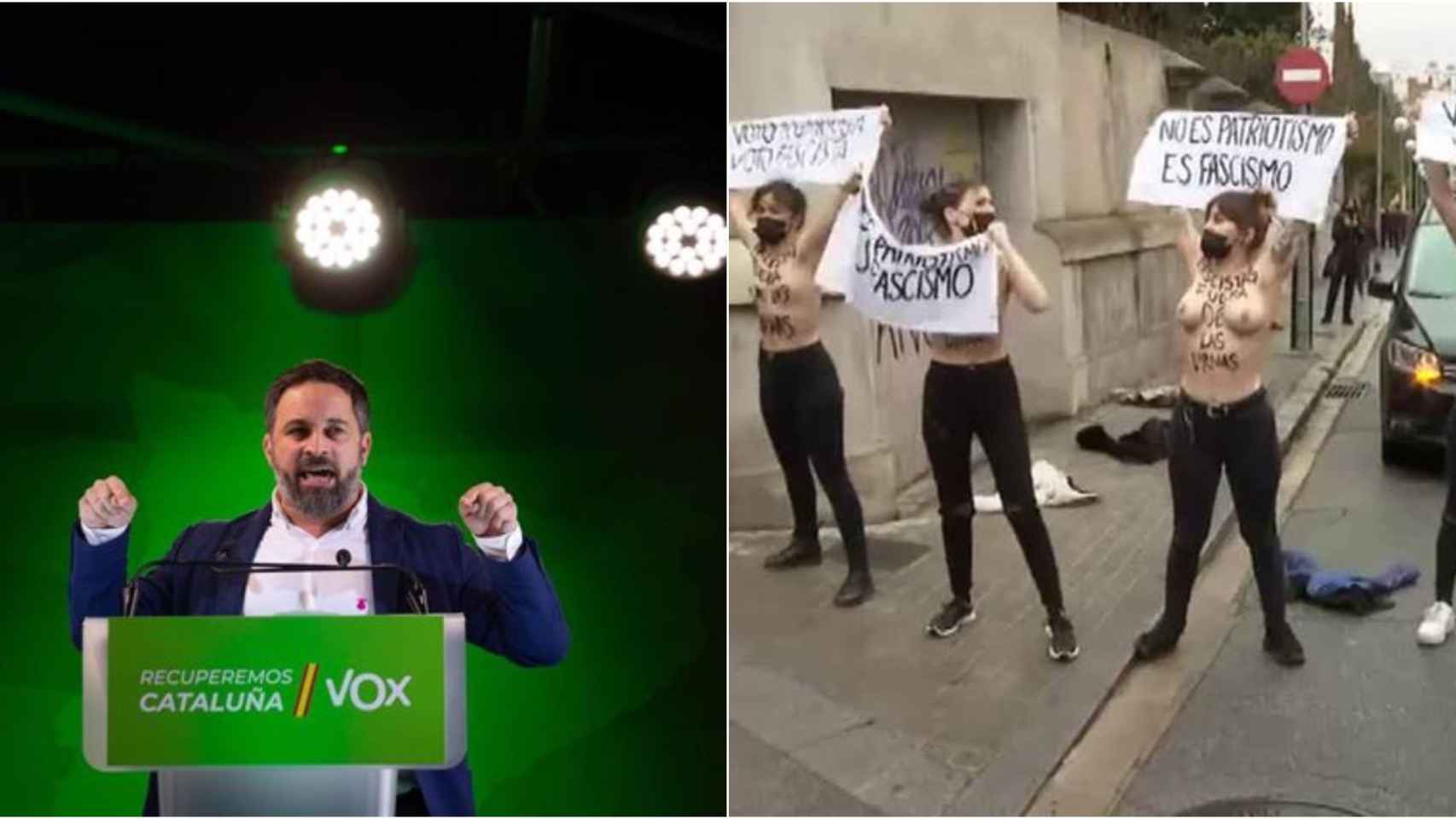 El líder de Vox, Santiago Abascal (Europa Press) y las activistas de Femen en Barcelona / ATLAS