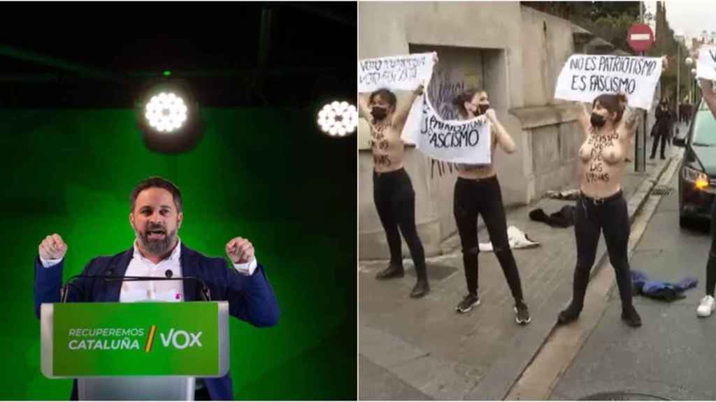 El líder de Vox, Santiago Abascal (Europa Press) y las activistas de Femen en Barcelona / ATLAS