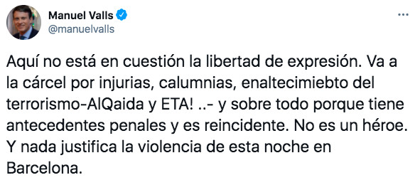 El tuit de Manuel Valls sobre Pablo Hasél / TWITTER MANUEL VALLS