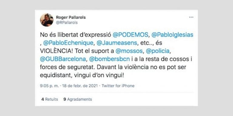 Tweet de Roger Pallarols en relación con los altercados/ TWITTER