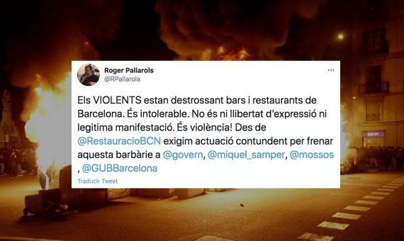 Tweet del director general del Gremi de Restauració contra los disturbios / TWITTER