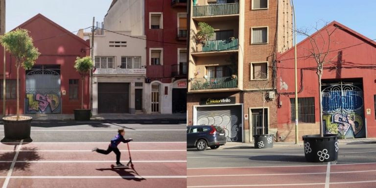 La imagen promocional del Ayuntamiento de la Superilla con un niño en patinete contrasta con el aspecto vacío que presenta hoy/ E.G