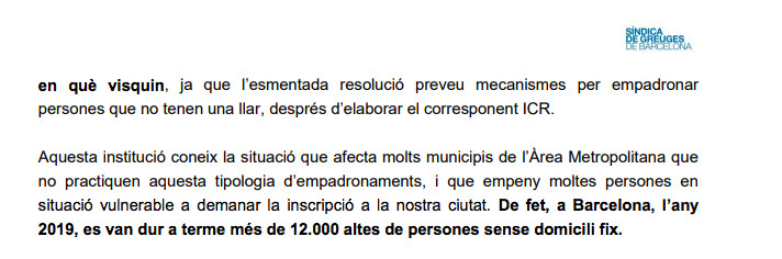 Datos de la síndica sobre el empadronamiento sin domicilio / SÍNDICA DE GREUGES