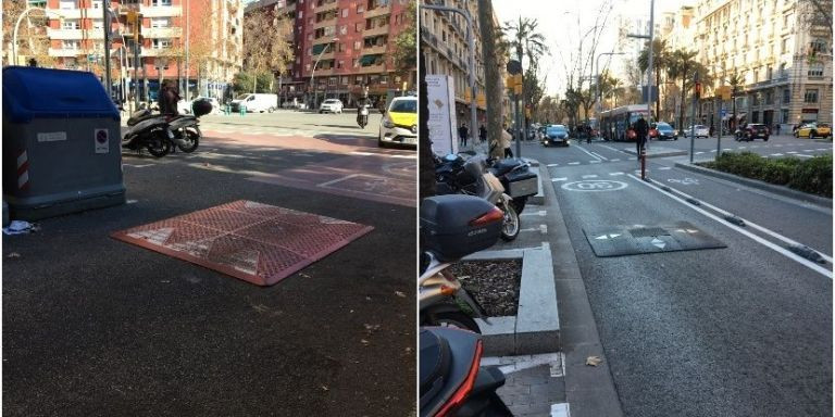 Cojines berlineses en Sant Andreu y en el lateral de la Diagonal (Eixample), respectivamente / RP