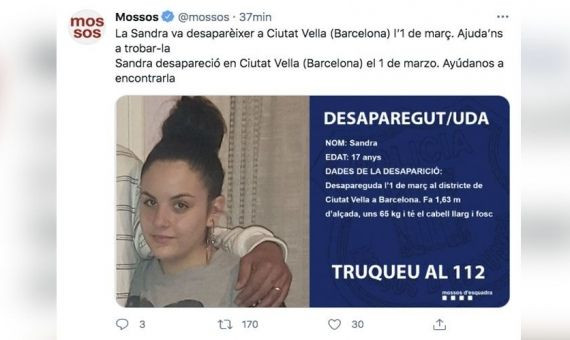 Publicación de anuncio de la desaparición de Sandra Plazas Prado / MOSSOS D'ESQUADRA