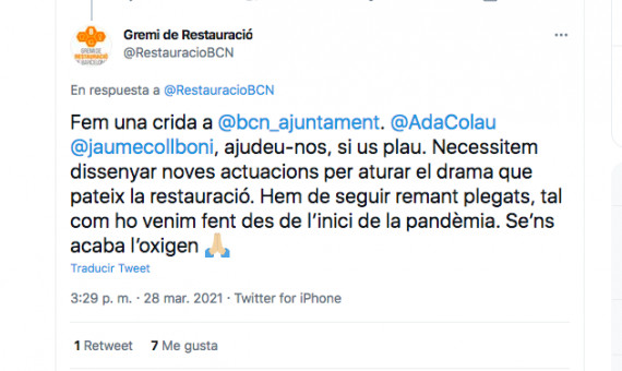 El Gremi de Restauració estalla contra Colau en Twitter