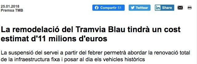 El coste del Tramvia Blau en 2018 era de unos 11 millones, según TMB