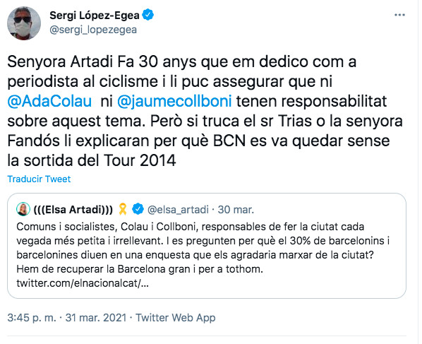 Tuit del periodista Sergi López-Egea sobre el Tour de 2014 en Barcelona / TWITTER