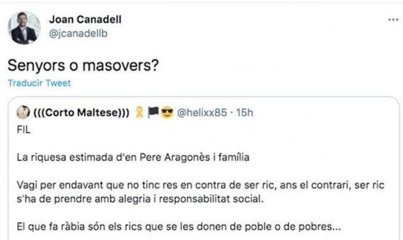 Tweer de Joan Canadell sobre la familia de Pere Aragonès