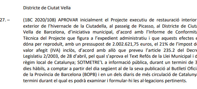 Texto de la aprobación del proyecto ejecutivo del Hivernacle / AYUNTAMIENTO DE BCN