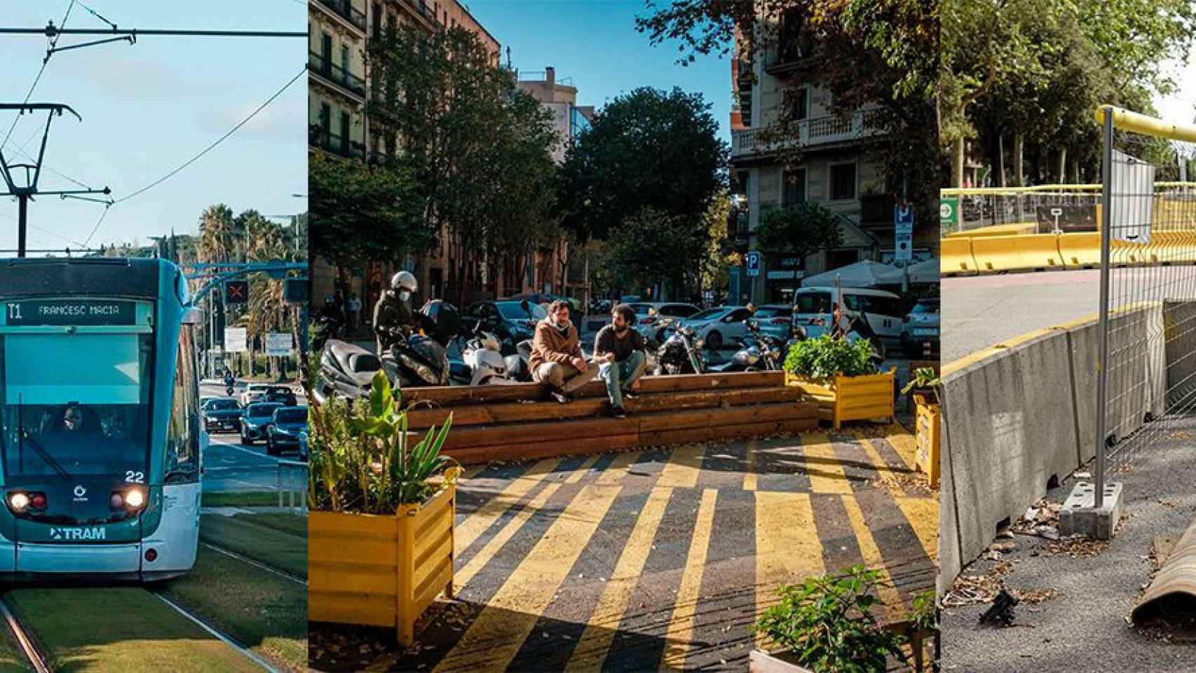 El tranvía a su paso por Zona Universitaria, la calle del Consell de Cent y las obras de Diagonal / FOTOMONTAJE MA